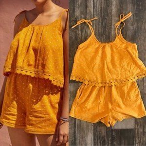 Aerie Golden Yellow Floral Embroidered Tie Strap Romper - Small